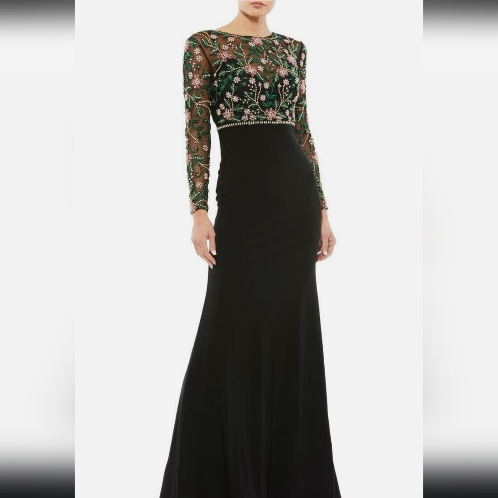 Mac Duggal Women's Beaded Illusion High Neck Trumpet Gown